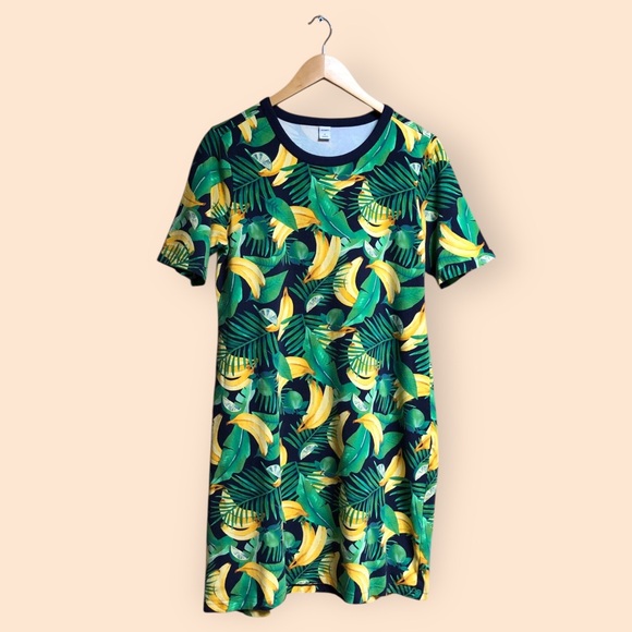 Old Navy Tropical Leaf & Banana Print T-Shirt Dress Fitted Crewneck Women’s XL - Picture 1 of 11